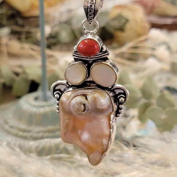 Baroque Pearl & Red Jasper Sterling Silver Pendant Necklace - Timeless Elegance - Picture 1 of 10